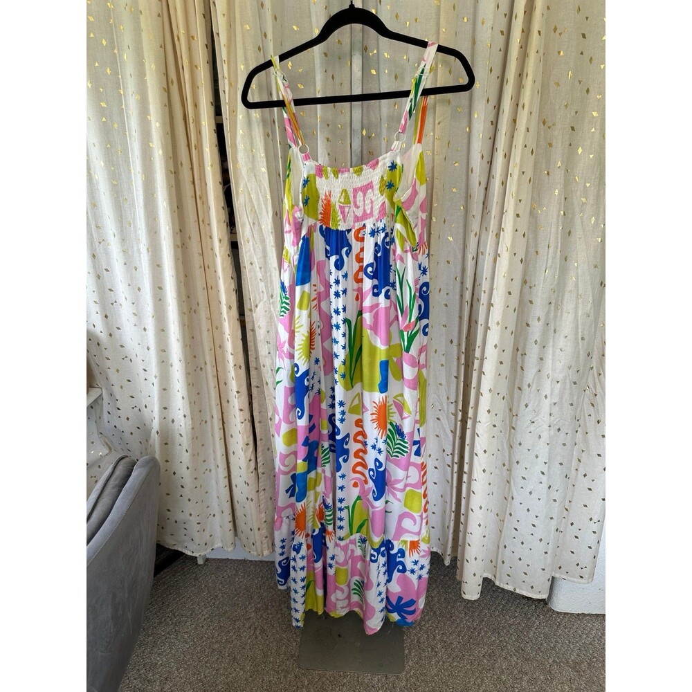 Paper Heart Women's Square Neck Colorful Tropical Summer Pockets Maxi Dress L - Picture 5 of 9